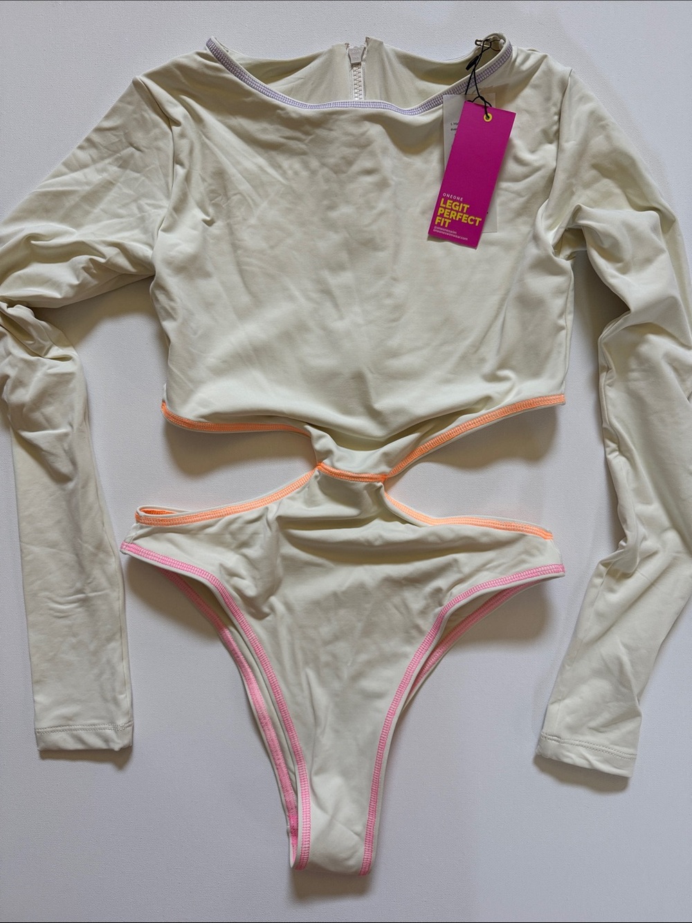 Cream Cutout Long Sleeve One-Piece Swimsuit with Neon Trim
